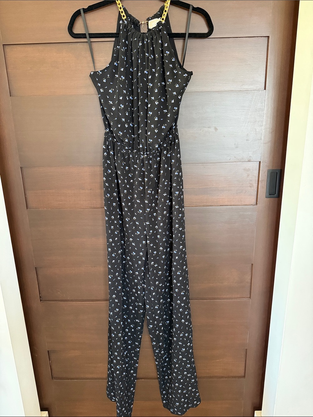 MICHAEL Michael Kors Black Floral Halter-Neck Jumpsuit with Gold Chain Detail